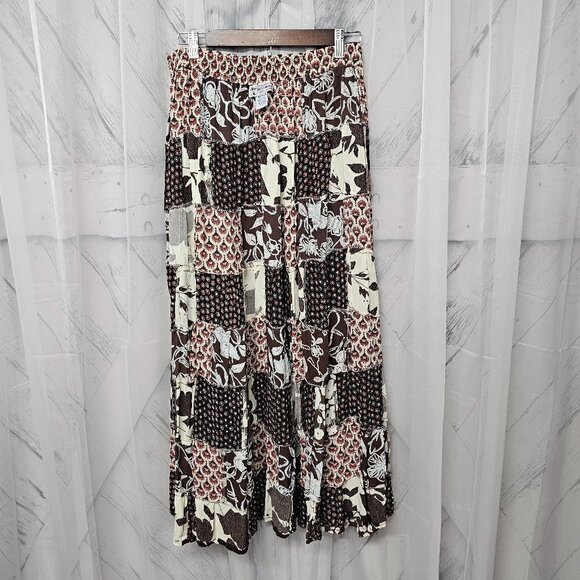 VTG Just Cruisin Brown Pink Patchwork Boho Peasant Silk Maxi Skirt One Size Flaw - Picture 8 of 13